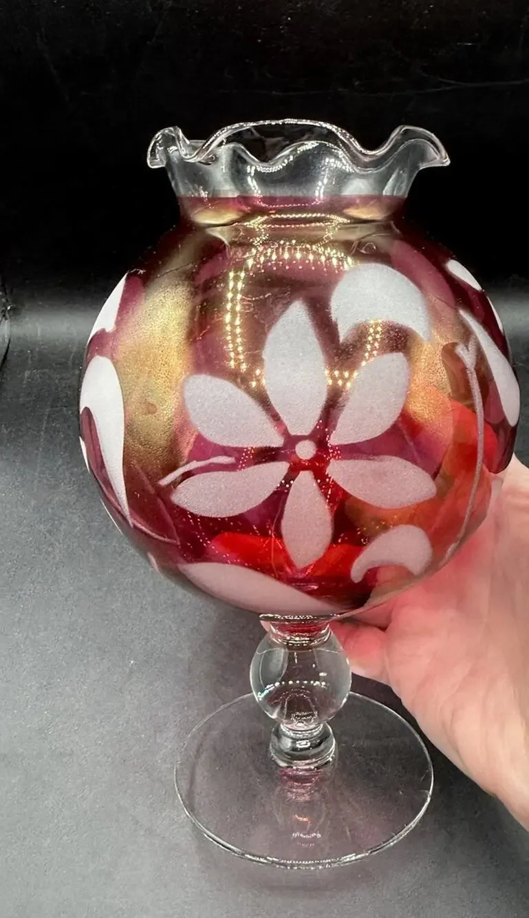 Cranberry Flower Rose Bowl Vase Glass Etched Pedestal Ruffled Rim Vintage